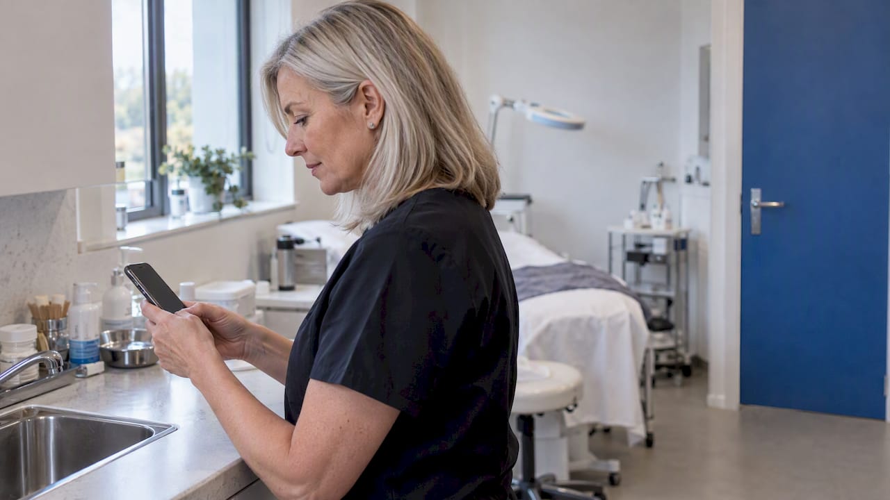 Clinic owner checks a social media promotion